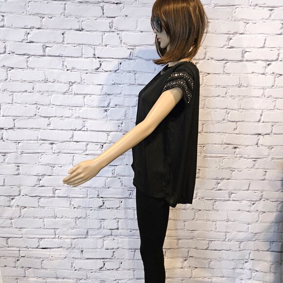 TRISTAN, Black short sleeve top with metallic bead detailing - Picture 7 of 11